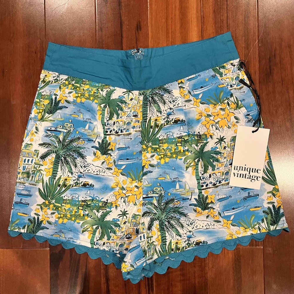 Unique Vintage Tropical Shorts Yellow Blue Floral Landscape Retro New NWT XS 2